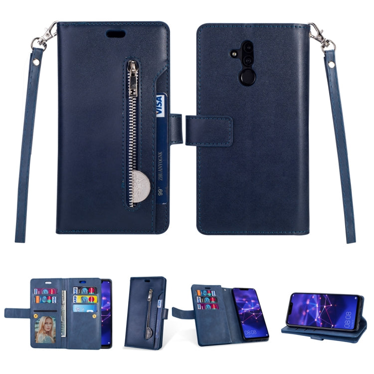 For Huawei Mate 20 lite Multifunctional Zipper Horizontal Flip Leather Case with Holder & Wallet & 9 Card Slots & Lanyard