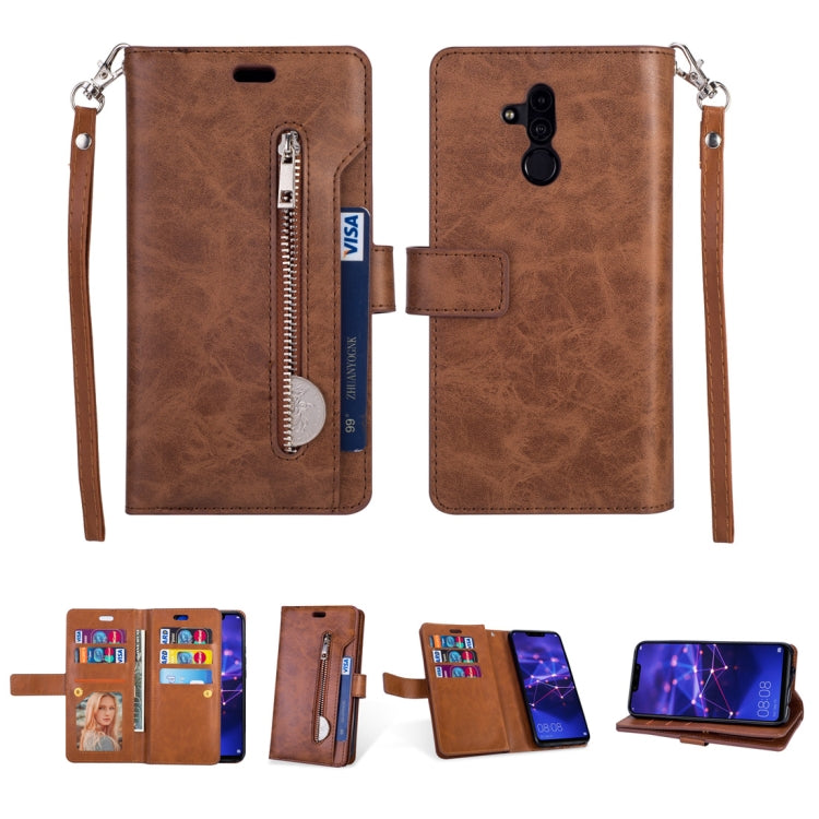 For Huawei Mate 20 lite Multifunctional Zipper Horizontal Flip Leather Case with Holder & Wallet & 9 Card Slots & Lanyard