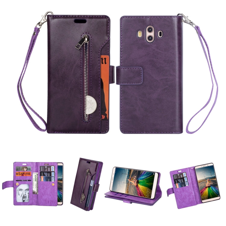 For Huawei Mate 10 Multifunctional Zipper Horizontal Flip Leather Case with Holder & Wallet & 9 Card Slots & Lanyard