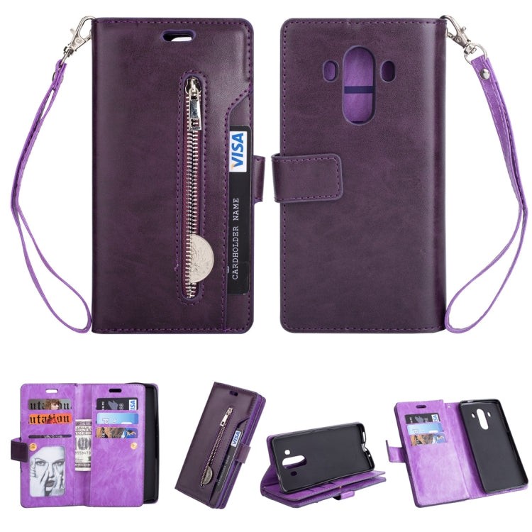 For Huawei Mate 10 Pro Multifunctional Zipper Horizontal Flip Leather Case with Holder & Wallet & 9 Card Slots & Lanyard