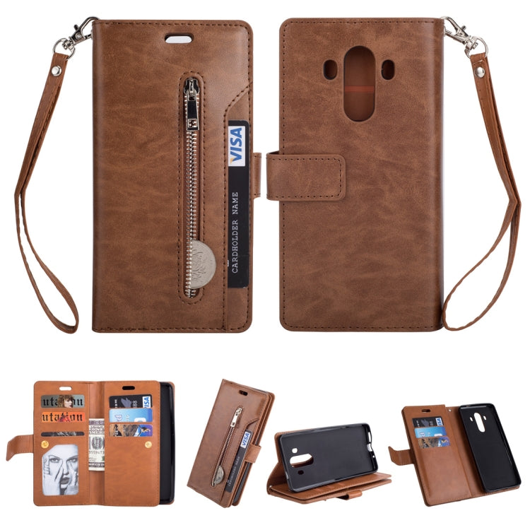 For Huawei Mate 10 Pro Multifunctional Zipper Horizontal Flip Leather Case with Holder & Wallet & 9 Card Slots & Lanyard
