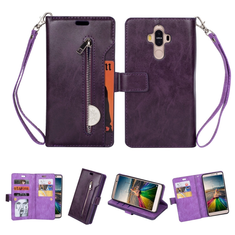 For Huawei Mate 9 Multifunctional Zipper Horizontal Flip Leather Case with Holder & Wallet & 9 Card Slots & Lanyard