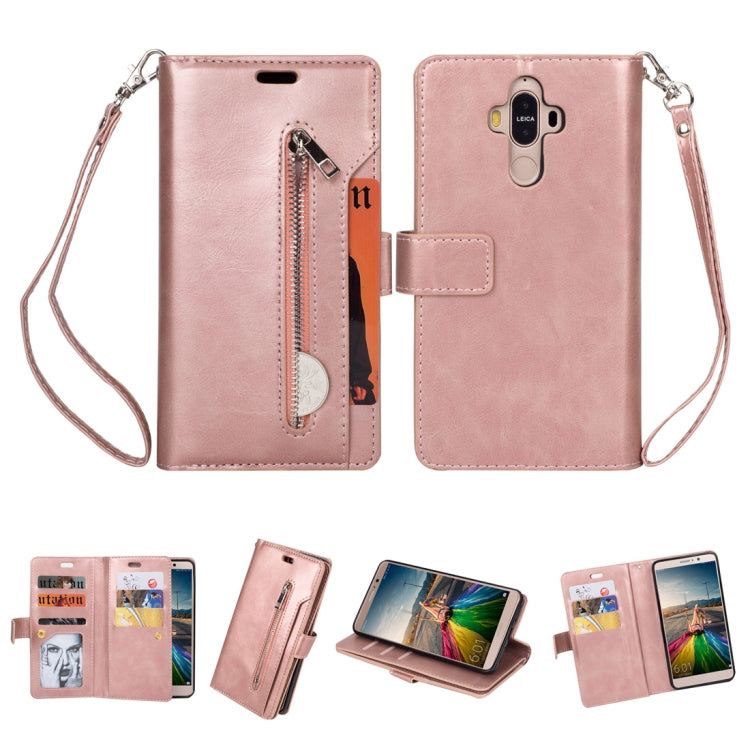 For Huawei Mate 9 Multifunctional Zipper Horizontal Flip Leather Case with Holder & Wallet & 9 Card Slots & Lanyard