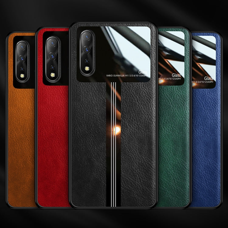 For Vivo Y7S Leather Texture PU + Glass + TPU Shockproof Protective Case