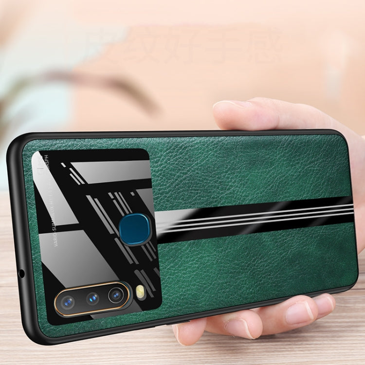 For Vivo Y3 Leather Texture PU + Glass + TPU Shockproof Protective Case