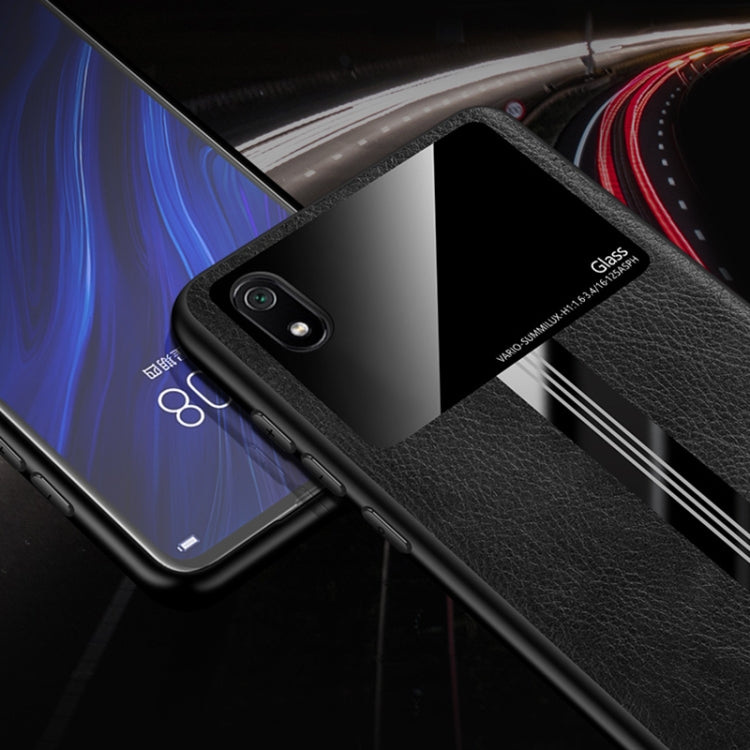 For Xiaomi Redmi 7A Leather Texture PU + Glass + TPU Shockproof Protective Case