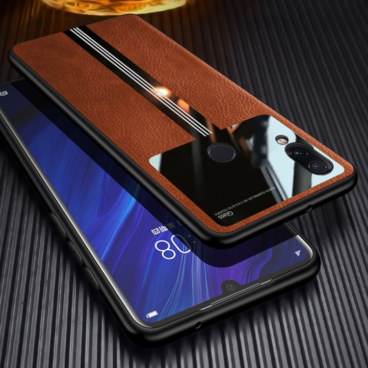 For Xiaomi Redmi Note 7 Leather Texture PU + Glass + TPU Shockproof Protective Case