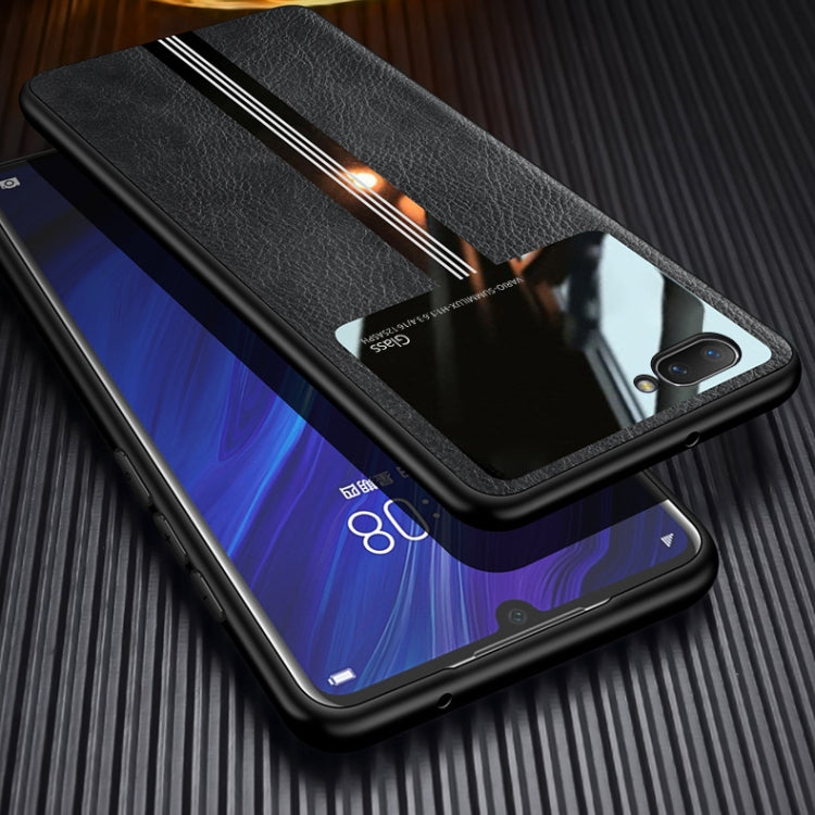 For OPPO A5 Leather Texture PU + Glass + TPU Shockproof Protective Case