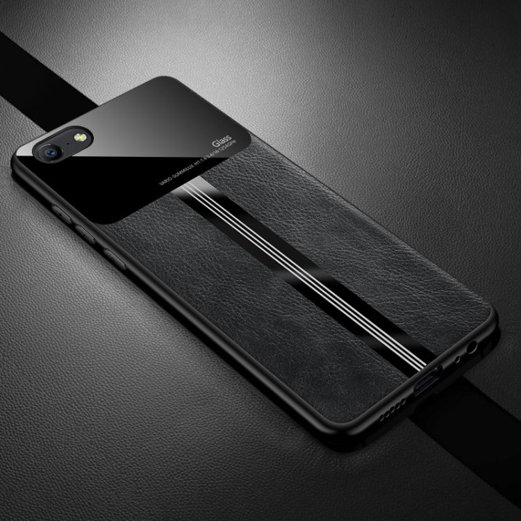 For OPPO A57 Leather Texture PU + Glass + TPU Shockproof Protective Case