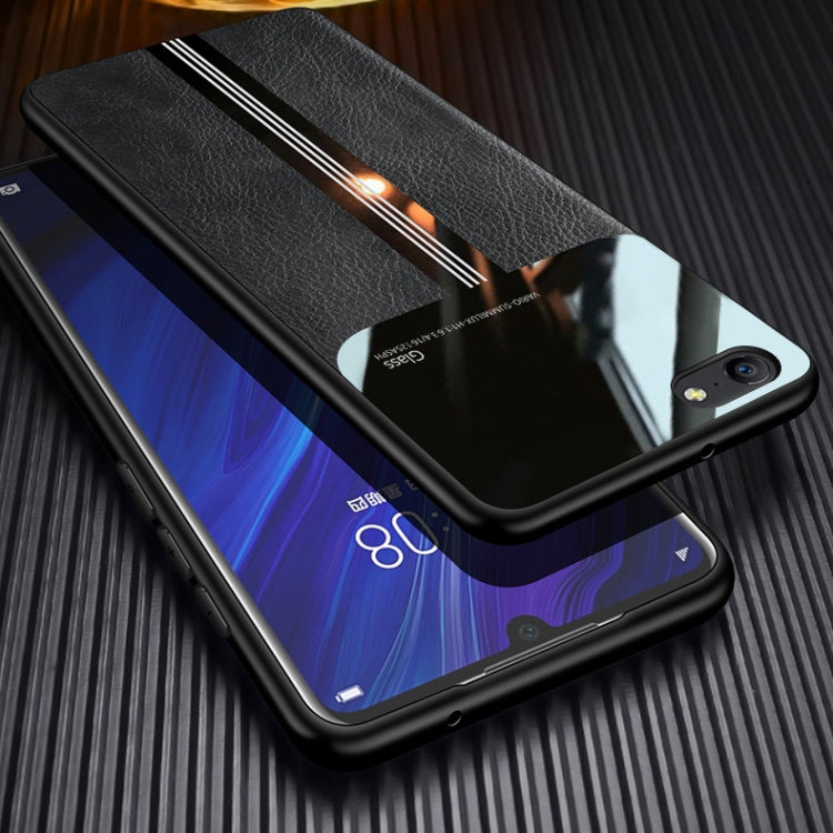 For OPPO A57 Leather Texture PU + Glass + TPU Shockproof Protective Case