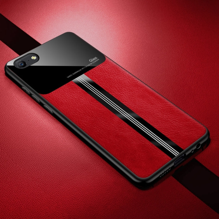 For OPPO A57 Leather Texture PU + Glass + TPU Shockproof Protective Case