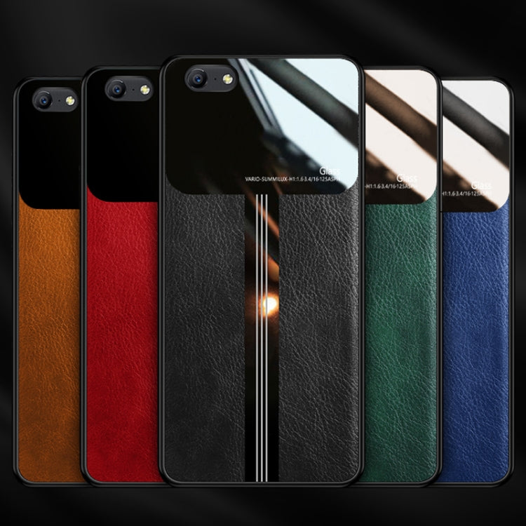 For OPPO A57 Leather Texture PU + Glass + TPU Shockproof Protective Case