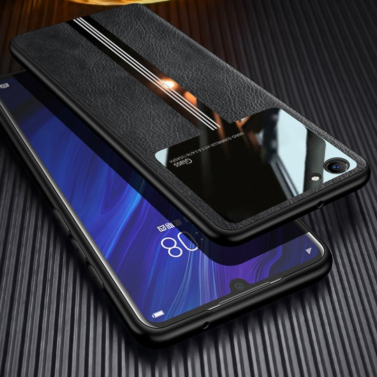 For OPPO A59 Leather Texture PU + Glass + TPU Shockproof Protective Case