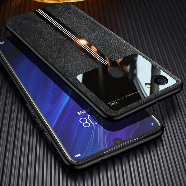 For OPPO A73 Leather Texture PU + Glass + TPU Shockproof Protective Case