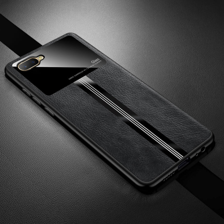 For OPPO K1 Leather Texture PU + Glass + TPU Shockproof Protective Case