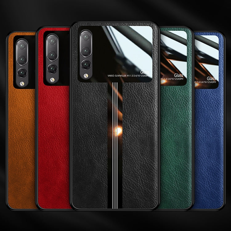 For Huawei P20 Pro Leather Texture PU + Glass + TPU Shockproof Protective Case