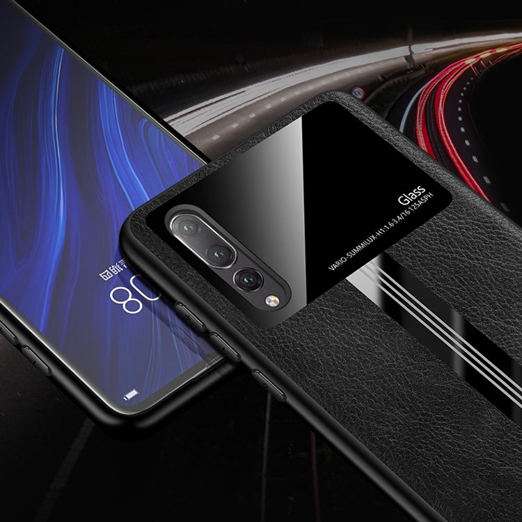 For Huawei P20 Pro Leather Texture PU + Glass + TPU Shockproof Protective Case