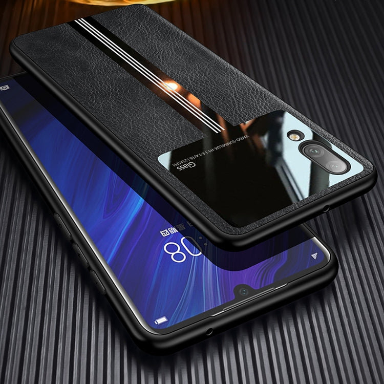 For Huawei Enjoy 9 Leather Texture PU + Glass + TPU Shockproof Protective Case