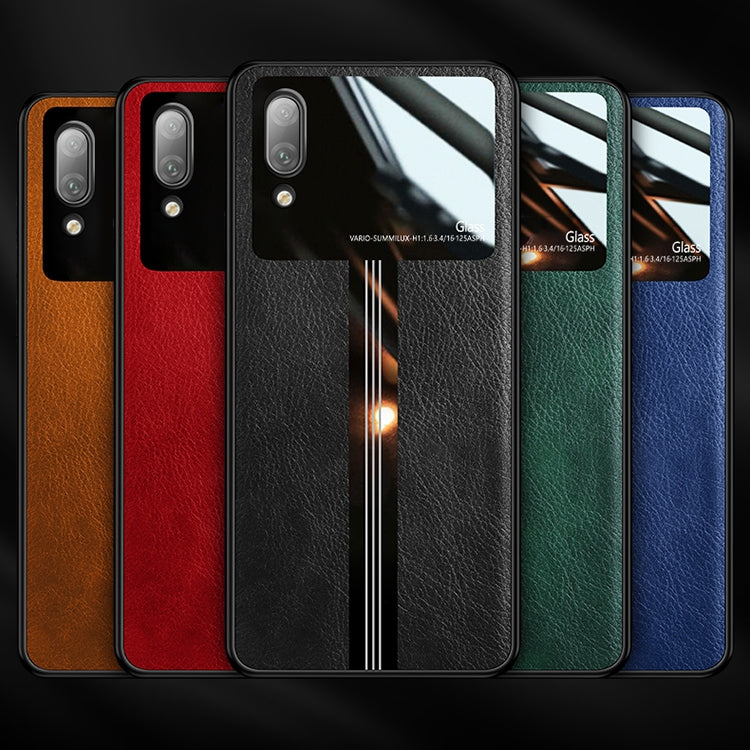 For Huawei Enjoy 9 Leather Texture PU + Glass + TPU Shockproof Protective Case