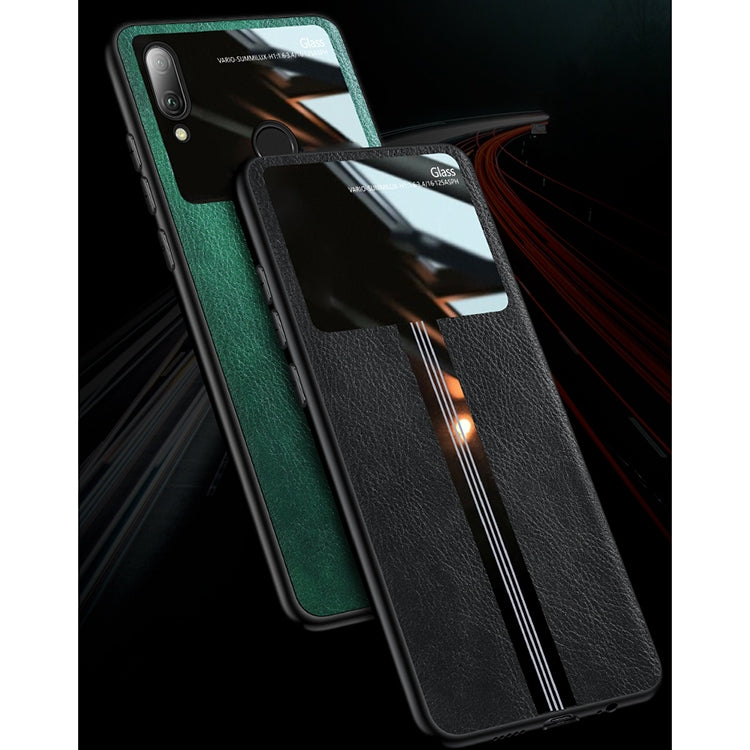 For Huawei Enjoy 9 Plus Leather Texture PU + Glass + TPU Shockproof Protective Case