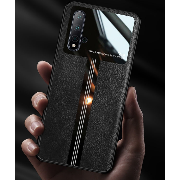 For Huawei Nova 5 Leather Texture PU + Glass + TPU Shockproof Protective Case