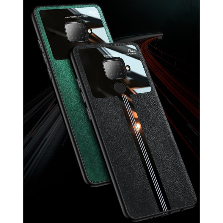 For Huawei Nova 5i Pro Leather Texture PU + Glass + TPU Shockproof Protective Case