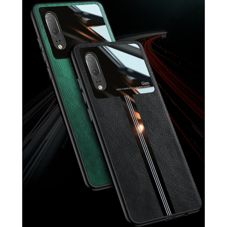 For Huawei P20 Leather Texture PU + Glass + TPU Shockproof Protective Case