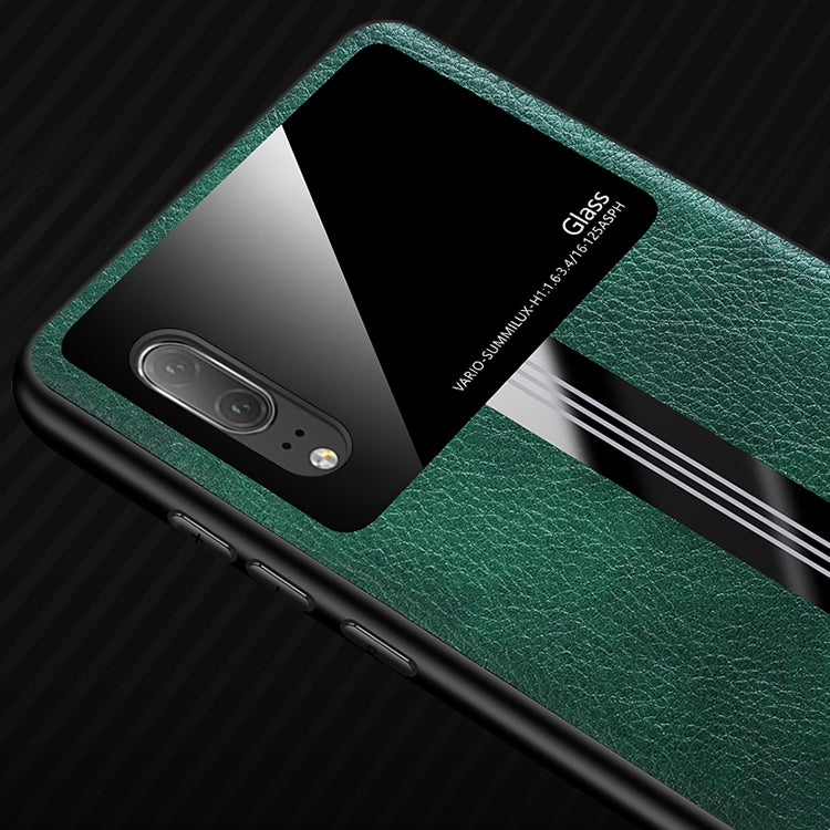 For Huawei P20 Leather Texture PU + Glass + TPU Shockproof Protective Case