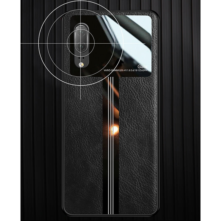 For Huawei P20 Leather Texture PU + Glass + TPU Shockproof Protective Case