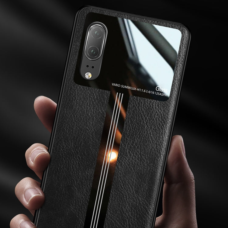 For Huawei P20 Leather Texture PU + Glass + TPU Shockproof Protective Case