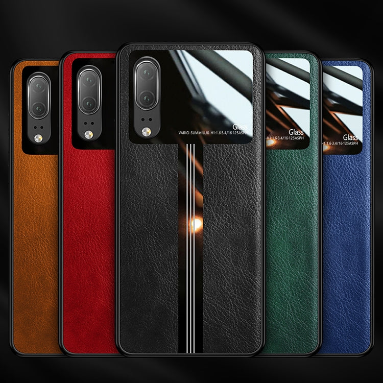 For Huawei P20 Leather Texture PU + Glass + TPU Shockproof Protective Case