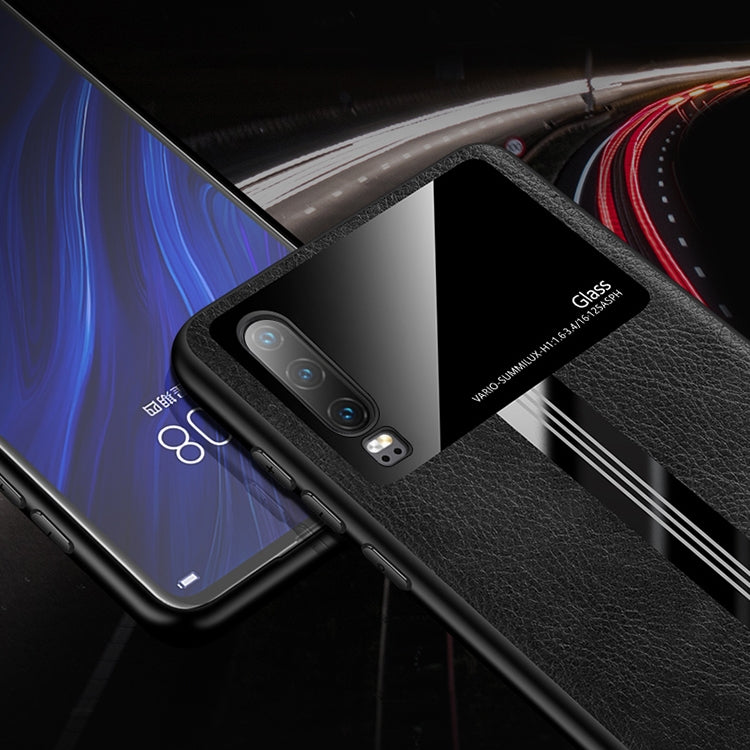 For Huawei P30 Leather Texture PU + Glass + TPU Shockproof Protective Case