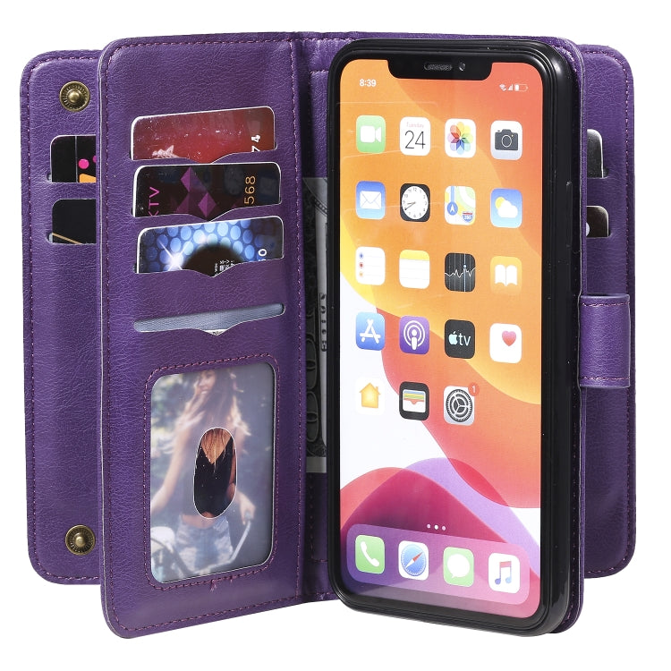 For iPhone 11 Pro Max Multifunctional Magnetic Copper Buckle Horizontal Flip Solid Color Leather Case with 10 Card Slots & Wallet & Holder & Photo Frame