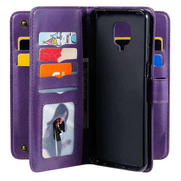 For Xiaomi Redmi Note 9S Multifunctional Magnetic Copper Buckle Horizontal Flip Solid Color Leather Case with 10 Card Slots & Wallet & Holder & Photo Frame
