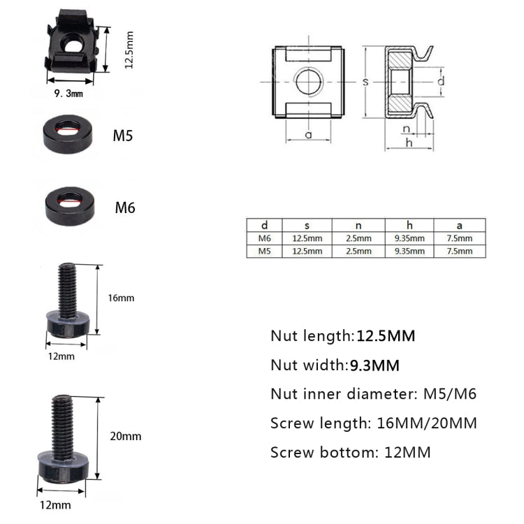 100 PCS Cage Nuts and Screw Cage Nuts M5/M6 + Rack Screws M5 x 16/20,M6 x 16/20