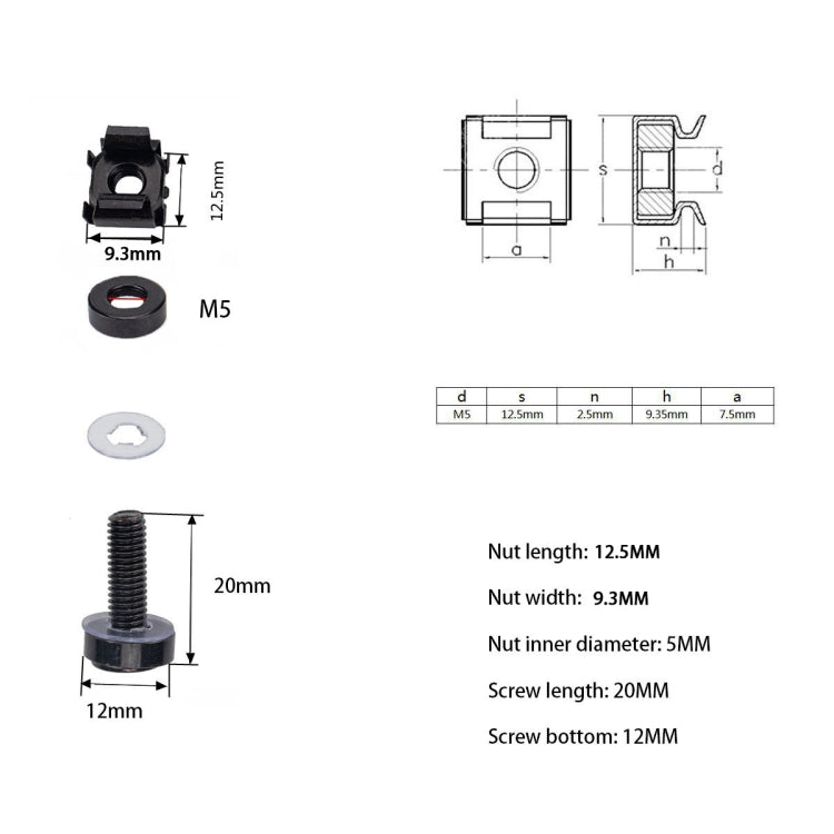 100 PCS Cage Nuts and Screw Cage Nuts M5 + Rack Screws M5x20