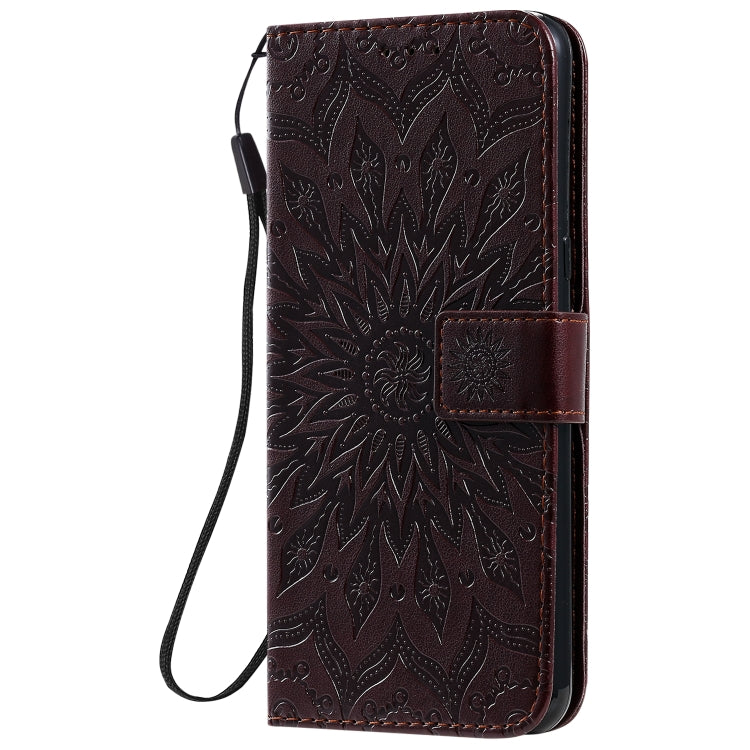 For LG K51 Pressed Printing Sunflower Pattern Horizontal Flip PU Leather Case Holder & Card Slots & Wallet & Lanyard