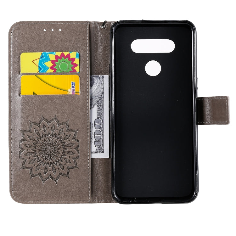 For LG K51 Pressed Printing Sunflower Pattern Horizontal Flip PU Leather Case Holder & Card Slots & Wallet & Lanyard