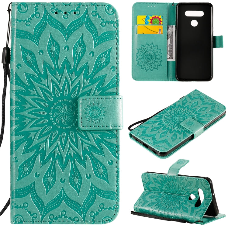 For LG K51 Pressed Printing Sunflower Pattern Horizontal Flip PU Leather Case Holder & Card Slots & Wallet & Lanyard