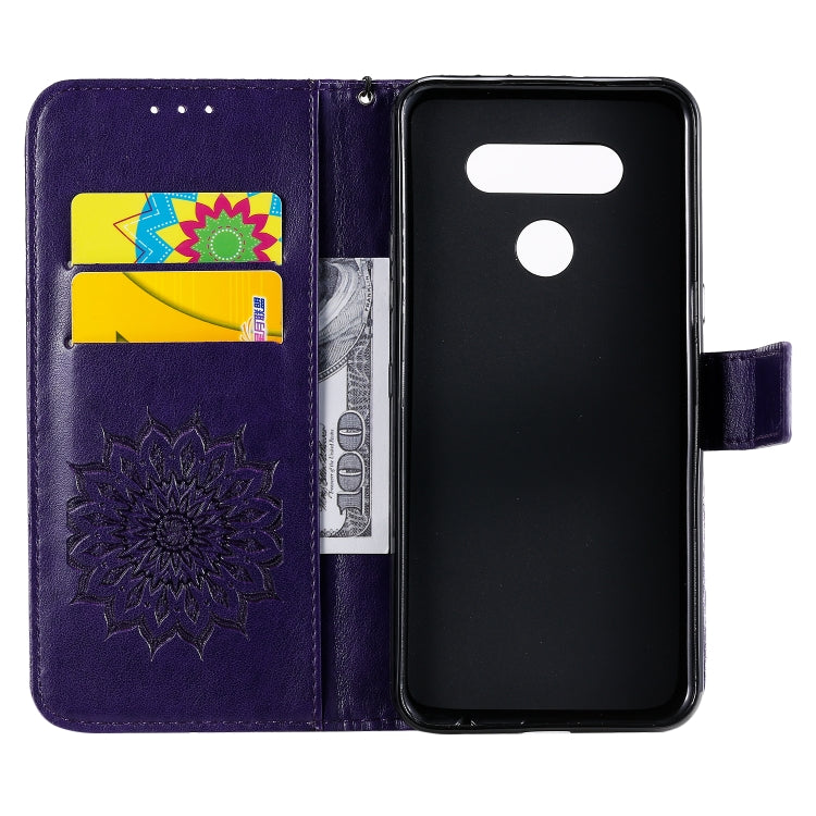For LG K51 Pressed Printing Sunflower Pattern Horizontal Flip PU Leather Case Holder & Card Slots & Wallet & Lanyard