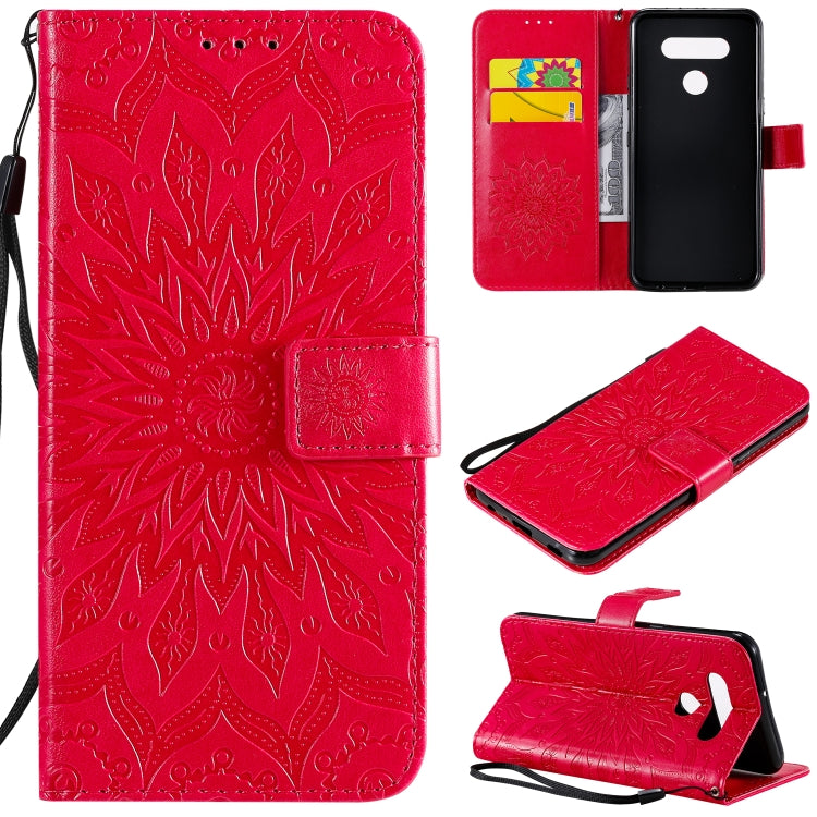 For LG K51 Pressed Printing Sunflower Pattern Horizontal Flip PU Leather Case Holder & Card Slots & Wallet & Lanyard