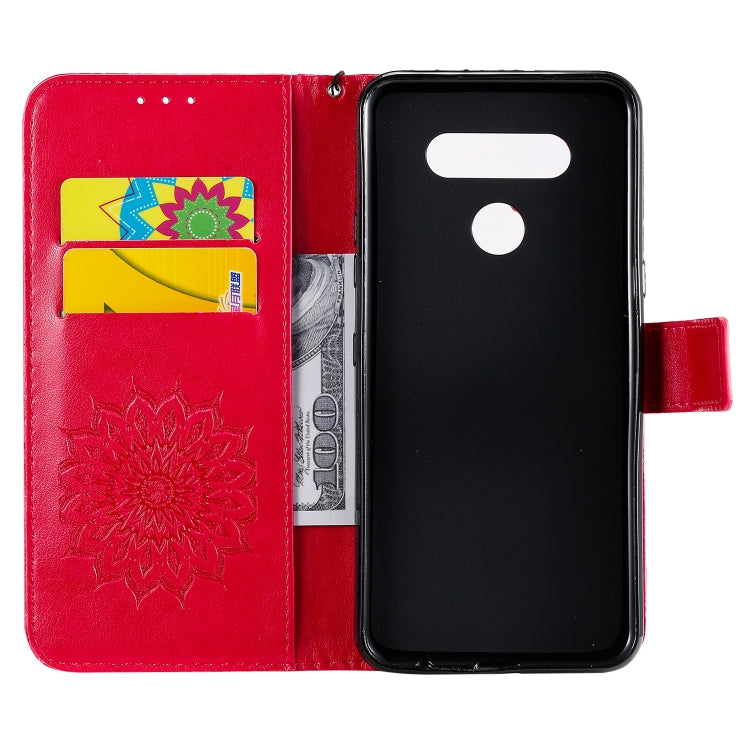 For LG K51 Pressed Printing Sunflower Pattern Horizontal Flip PU Leather Case Holder & Card Slots & Wallet & Lanyard