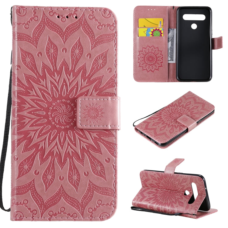 For LG K61 Pressed Printing Sunflower Pattern Horizontal Flip PU Leather Case Holder & Card Slots & Wallet & Lanyard