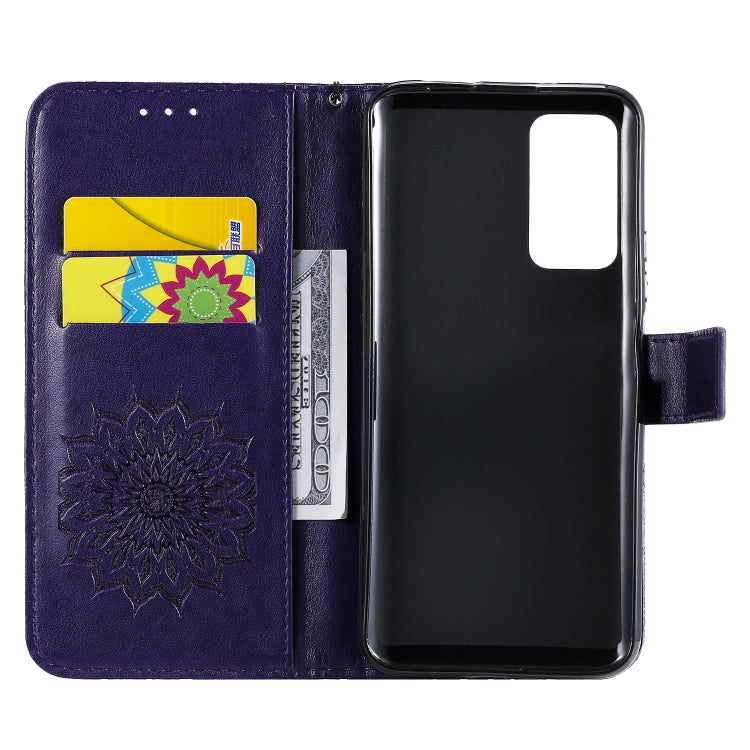 For Huawei Honor X10 Pressed Printing Sunflower Pattern Horizontal Flip PU Leather Case Holder & Card Slots & Wallet & Lanyard