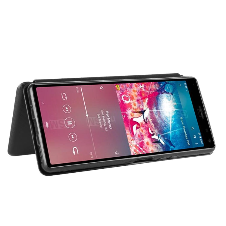 For Sony Xperia 8 Lite Carbon Fiber Texture Horizontal Flip TPU + PC + PU Leather Case with Card Slot