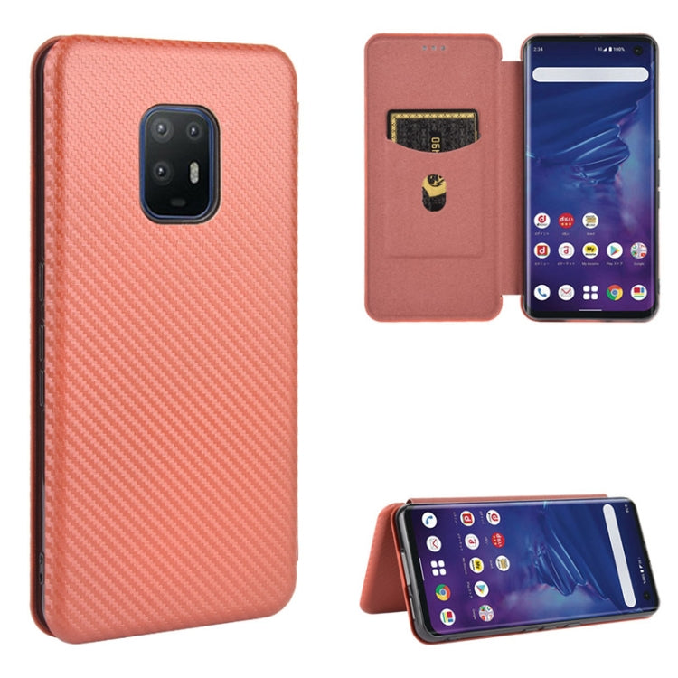 For Fujitsu Arrows 5G (F-51A) Carbon Fiber Texture Horizontal Flip TPU + PC + PU Leather Case with Card Slot(Brown)