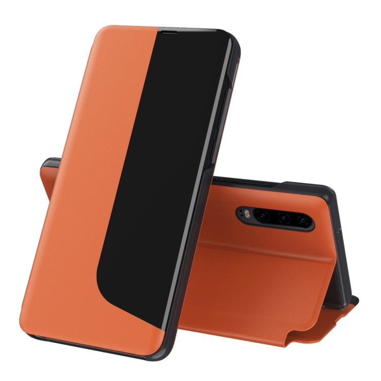 For Huawei P30 Side Display Shockproof Horizontal Flip Leather Case with Holder & Call Answering Function & Sleep / Wake-up