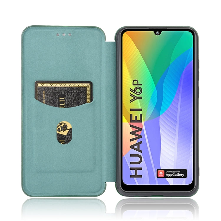 For Huawei Y6p Carbon Fiber Texture Horizontal Flip TPU + PC + PU Leather Case with Card Slot