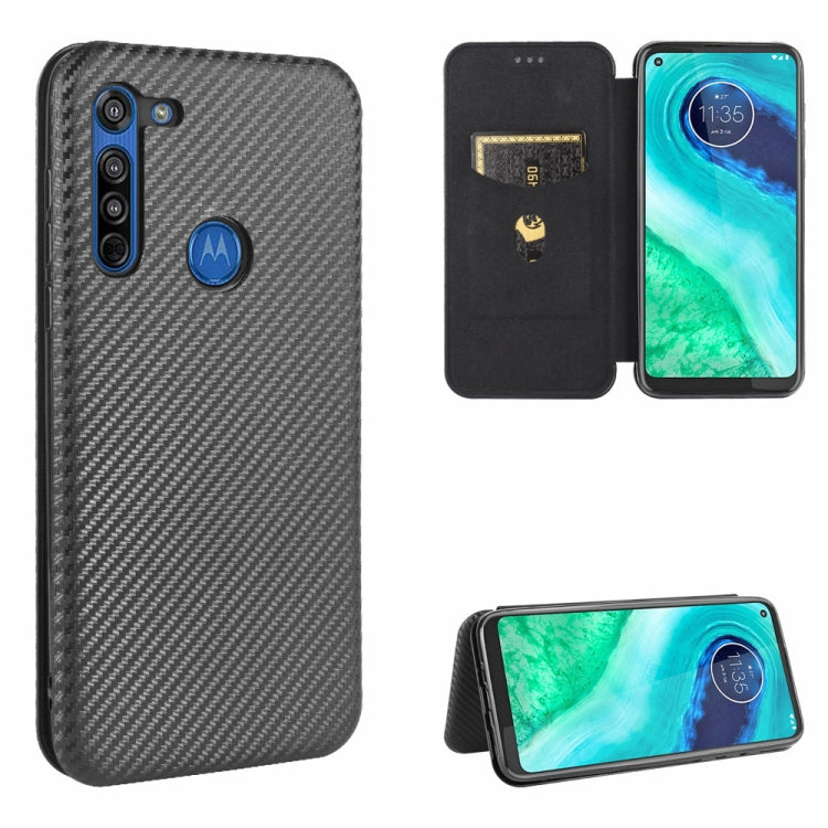 For Motorola Moto G8 Carbon Fiber Texture Horizontal Flip TPU + PC + PU Leather Case with Rope & Card Slot