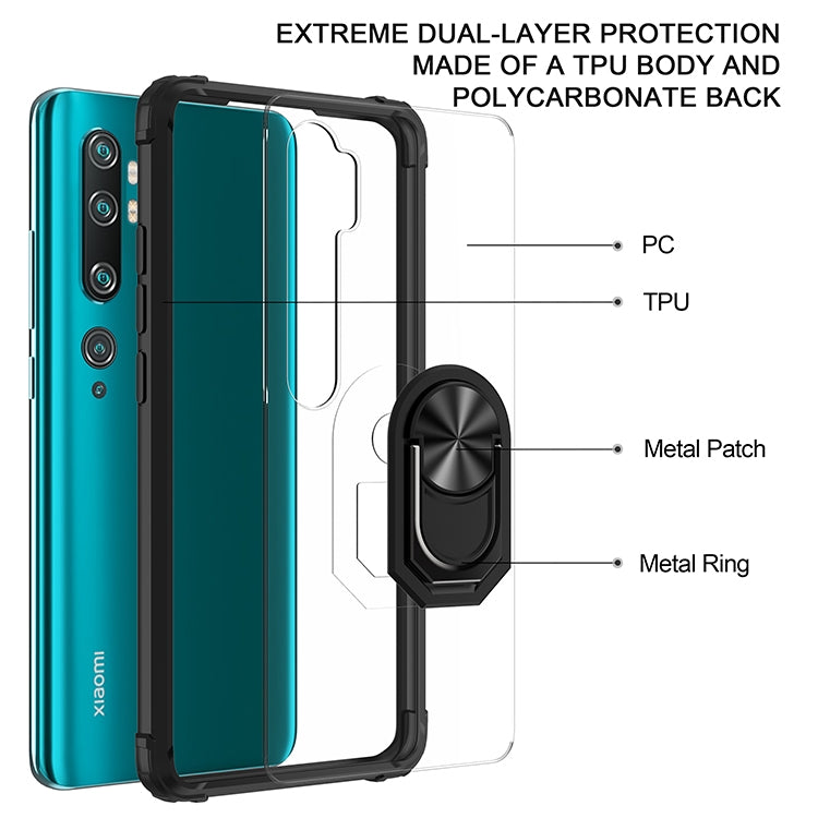For Xiaomi Mi CC9 Pro Shockproof Transparent TPU + Acrylic Protective Case with Ring Holder